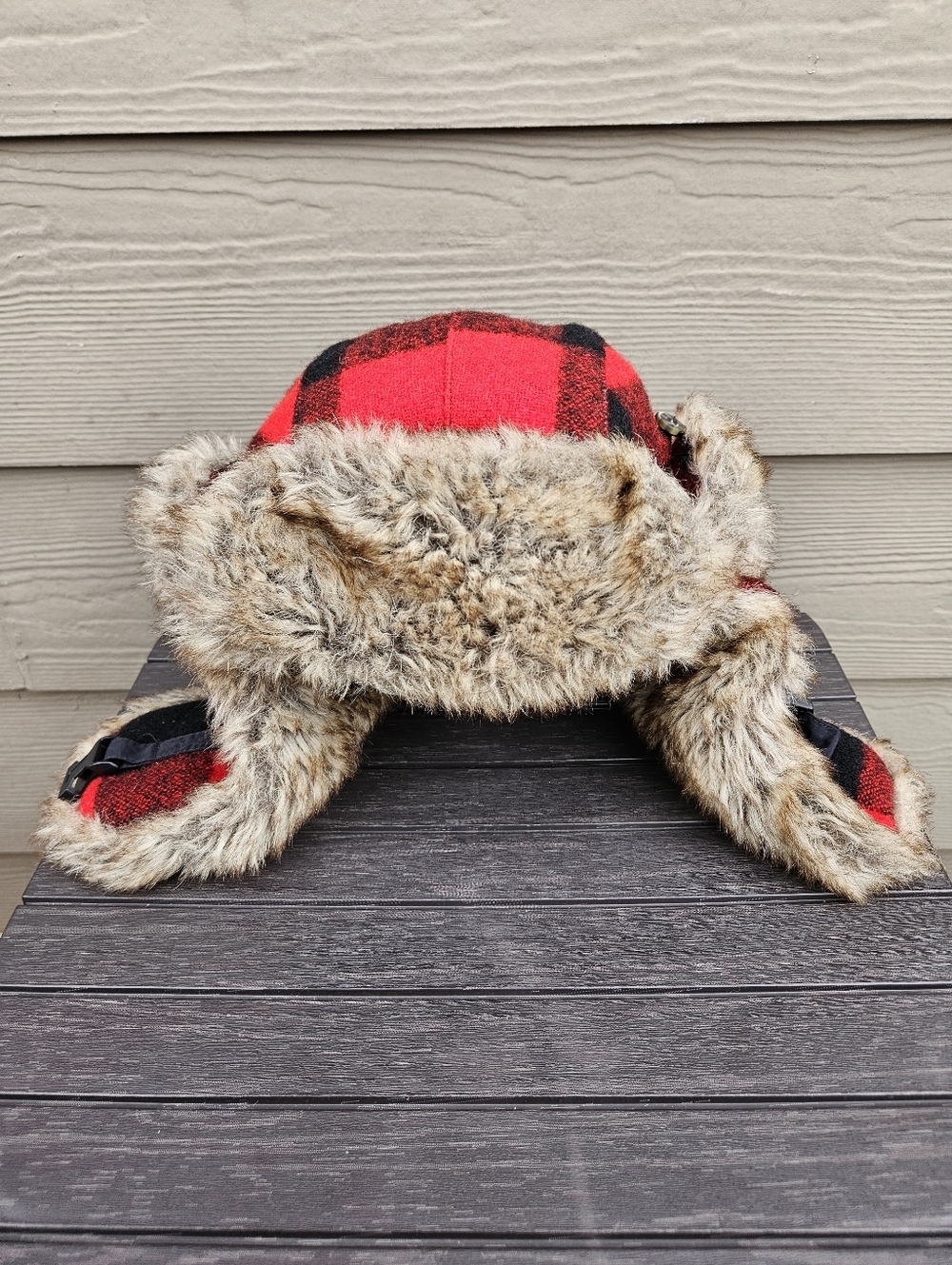 Mad Bomber Trapper Hat Red Black Buffalo Plaid Wool Faux Fur Lined Warm Winter S